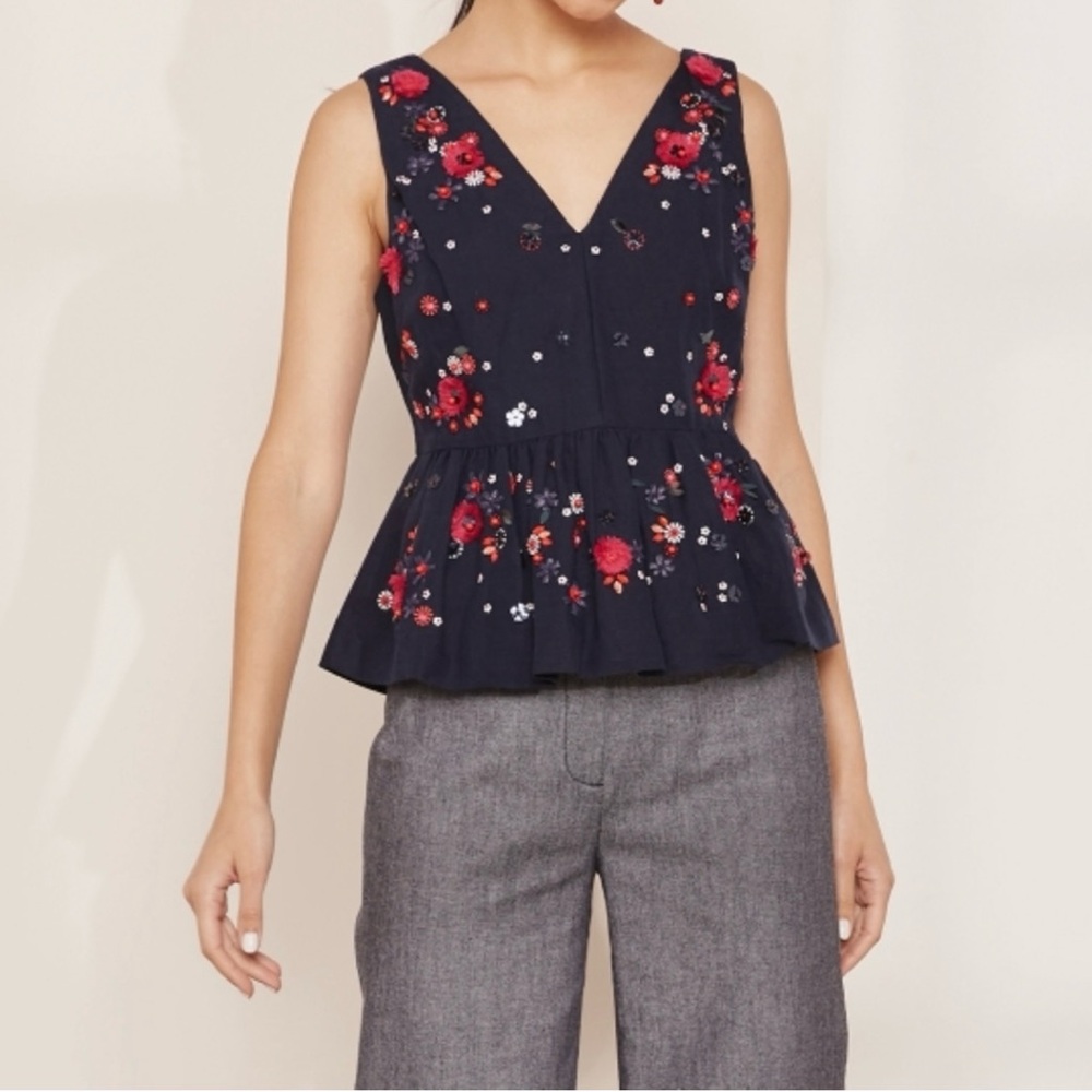 NWT J. Crew Navy Blue Hand Embellished Linen/ Cotton Peplum Tank Size 4 - Picture 8 of 13